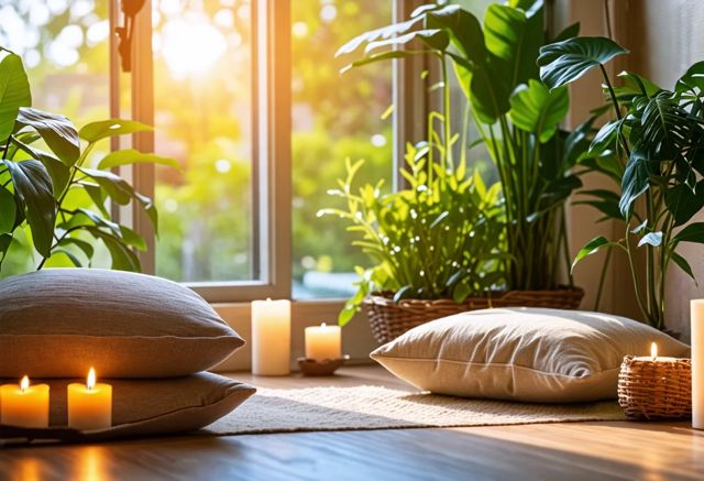 A serene scene of a peaceful meditation space with soft cushions, candles, and plants, creating a calming atmosphere for expectant mothers, warm sunlight filtering through a window