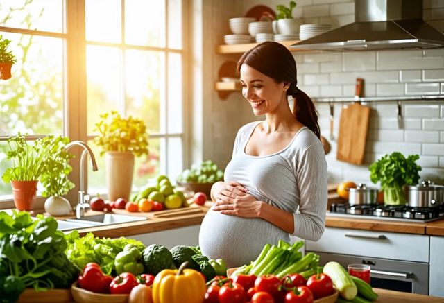 A serene kitchen scene with fresh fruits and vegetables, a pregnant woman smiling while preparing a healthy meal, soft sunlight streaming through the window