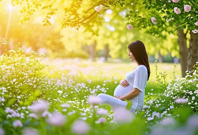 A serene scene of a pregnant woman sitting peacefully in a lush green park, surrounded by blooming flowers and soft sunlight filtering through the trees, with a gentle breeze rustling the leaves, evoking a sense of calm and support.