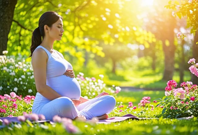 A serene and calming scene of a pregnant woman practicing meditation in a peaceful garden, surrounded by blooming flowers and soft sunlight filtering through the trees