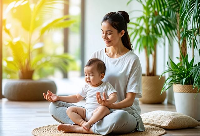 A serene indoor space with soft natural light, featuring a comfortable meditation corner with cushions, plants, and a peaceful atmosphere. A smiling mother practices meditation with her baby peacefully resting beside her, surrounded by calming colors.