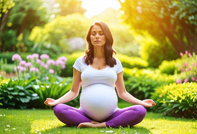 Pregnant woman meditating in a serene garden