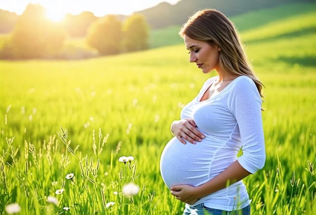 Pregnant woman in a peaceful green meadow