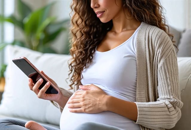 Pregnant woman using meditation app