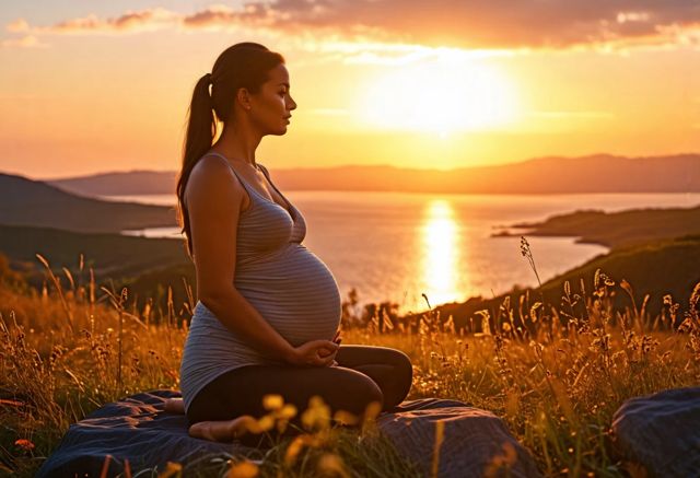 pregnant woman meditating at sunset