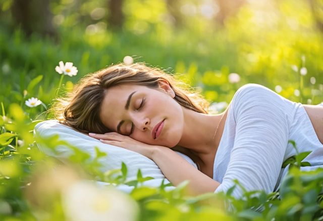 Pregnant woman sleeping peacefully surrounded by nature