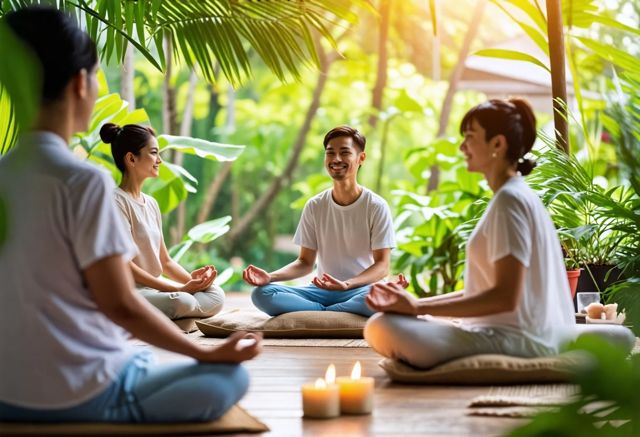 A serene meditation space with soft cushions and calming candles, surrounded by lush greenery, evoking a peaceful atmosphere. A group of smiling parents practicing meditation, immersed in tranquility, with gentle sunlight filtering through the leaves.