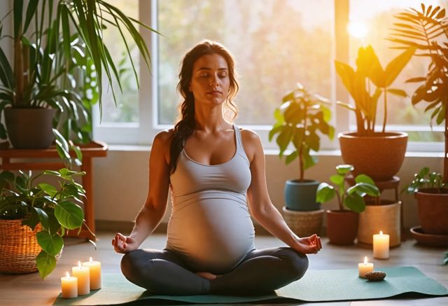 A serene indoor space with soft natural light, featuring a pregnant woman practicing meditation on a yoga mat surrounded by calming plants and gentle candles, with a peaceful expression and a warm atmosphere