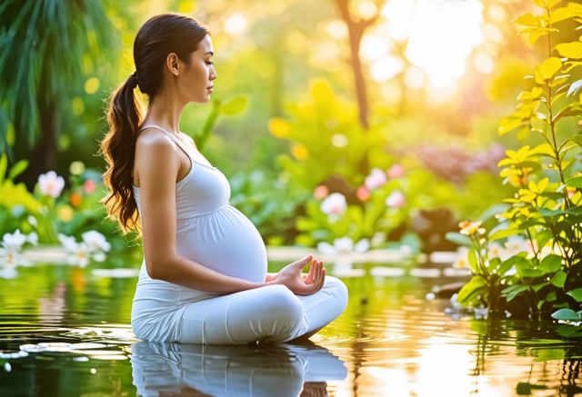 Pregnant woman meditating in serene garden