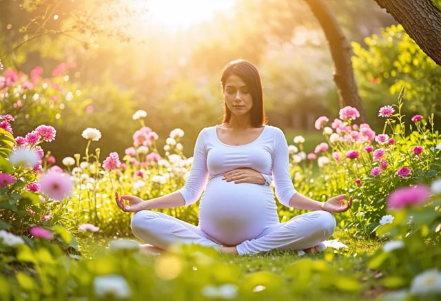 A serene scene of a pregnant woman practicing meditation in a tranquil garden, surrounded by blooming flowers and soft sunlight filtering through the trees, creating a peaceful atmosphere.