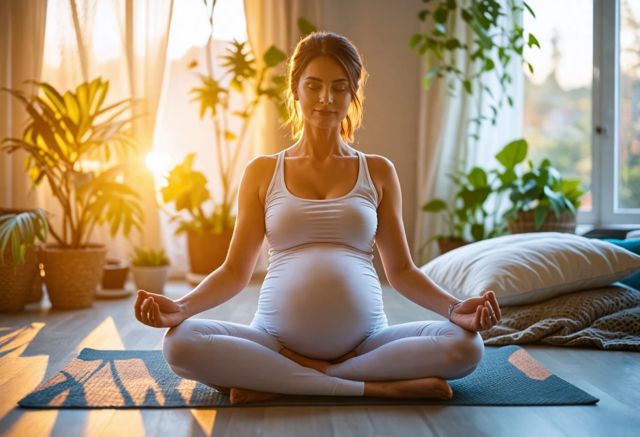 A serene bedroom scene with soft lighting, a pregnant woman peacefully meditating on a yoga mat, surrounded by calming plants and gentle pillows, conveying tranquility and relaxation